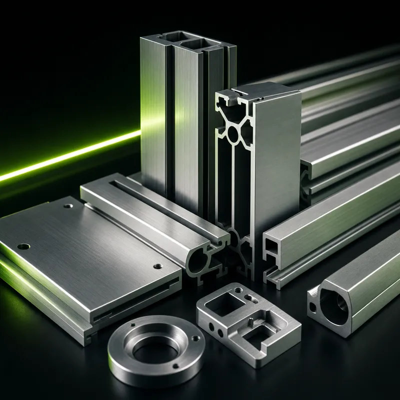Profile aluminiowe i elementy mechaniczne na ciemnym tle