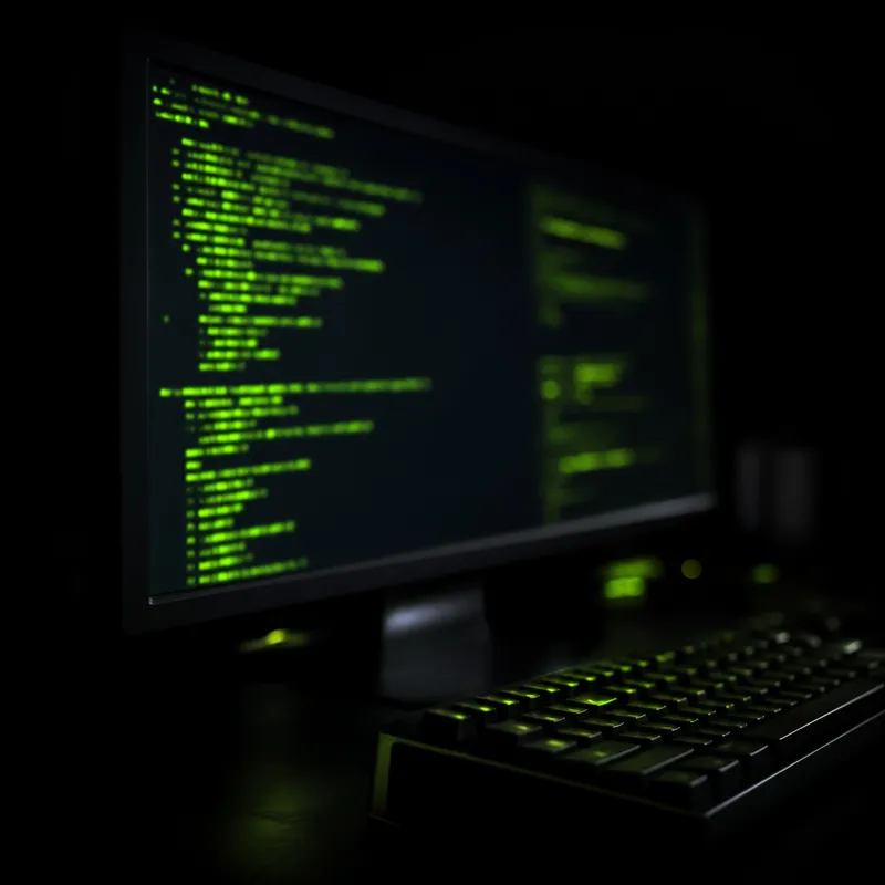 Stanowisko programistyczne w ciemnym pomieszczeniu, monitor z kodem